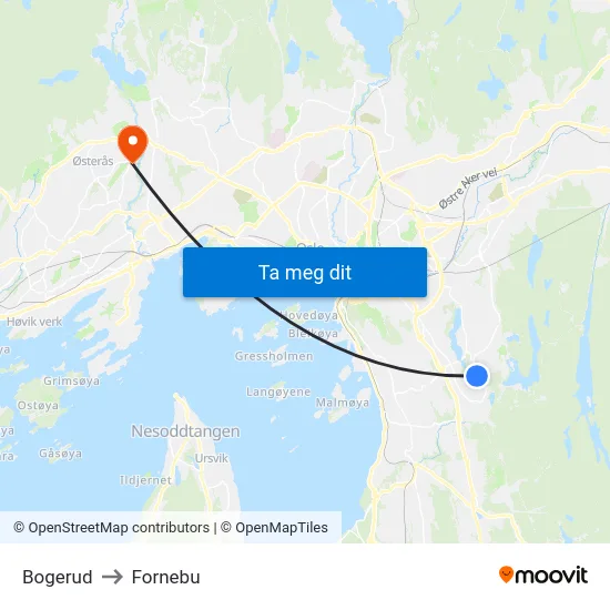 Bogerud to Fornebu map
