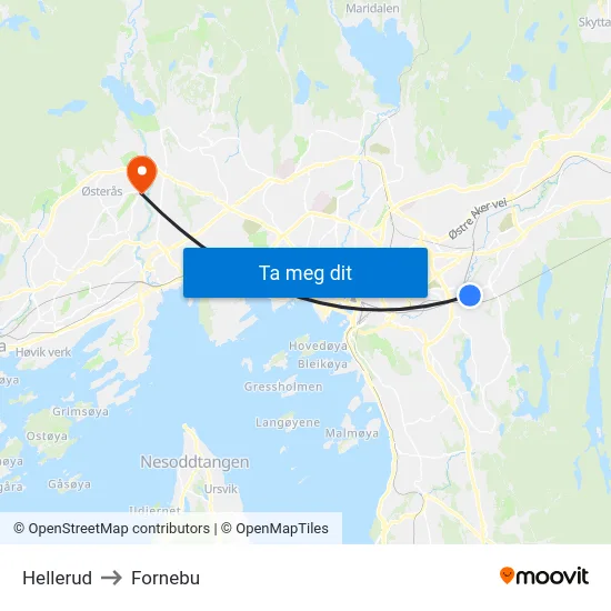 Hellerud to Fornebu map
