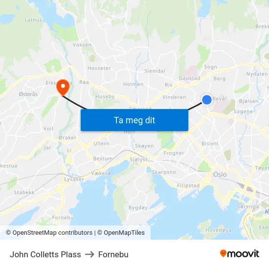 John Colletts Plass to Fornebu map