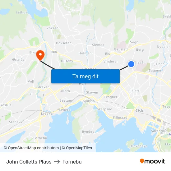 John Colletts Plass to Fornebu map