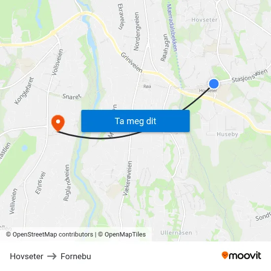 Hovseter to Fornebu map