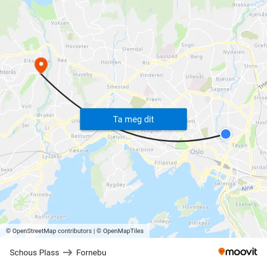 Schous Plass to Fornebu map