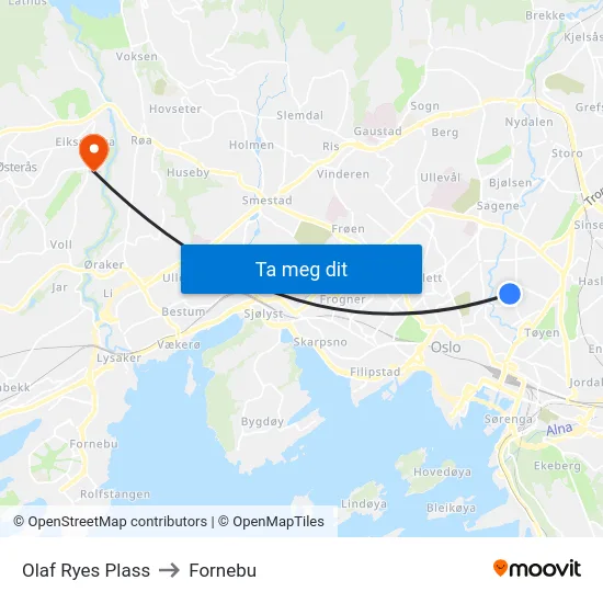 Olaf Ryes Plass to Fornebu map