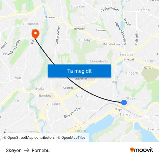 Skøyen to Fornebu map