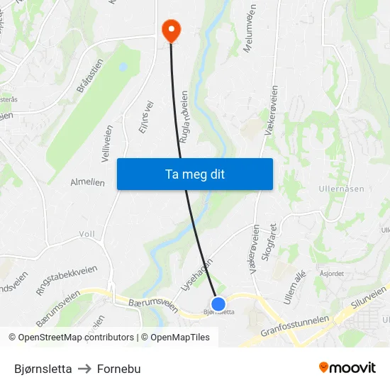 Bjørnsletta to Fornebu map
