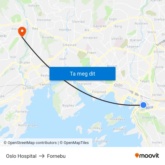 Oslo Hospital to Fornebu map