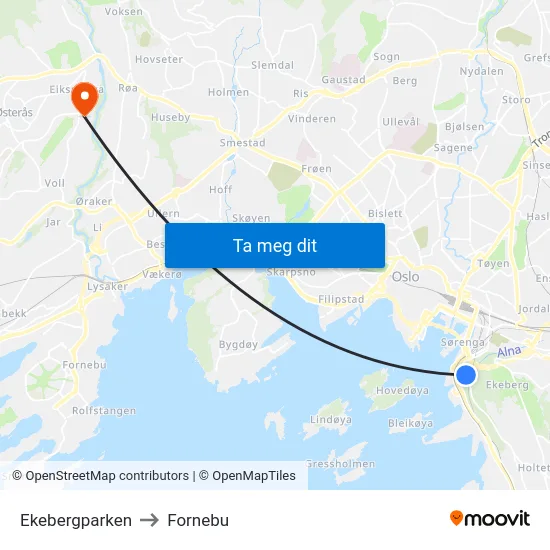 Ekebergparken to Fornebu map