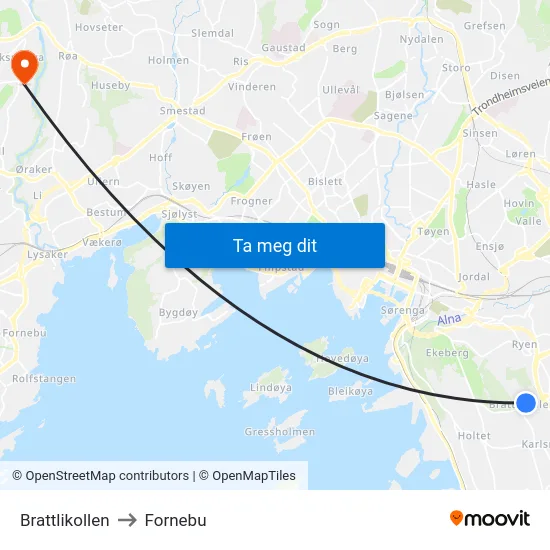 Brattlikollen to Fornebu map