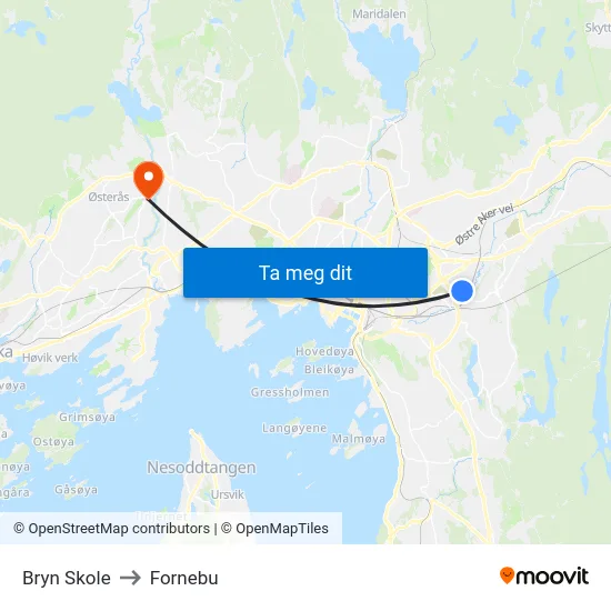 Bryn Skole to Fornebu map