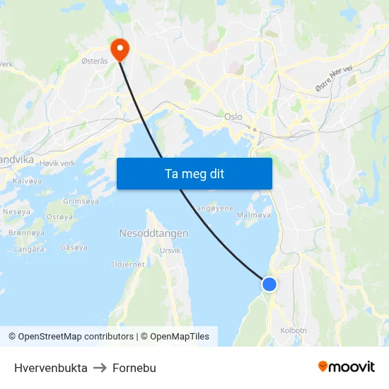 Hvervenbukta to Fornebu map