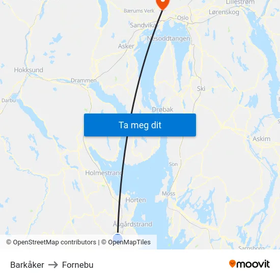 Barkåker to Fornebu map