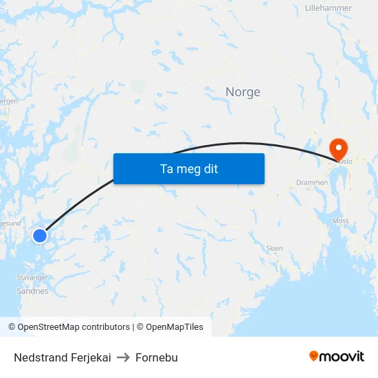 Nedstrand Ferjekai to Fornebu map