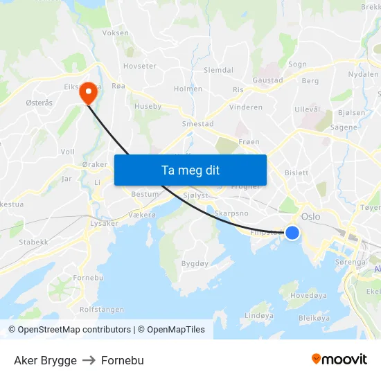 Aker Brygge to Fornebu map