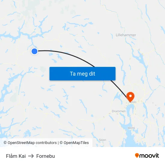 Flåm Kai to Fornebu map