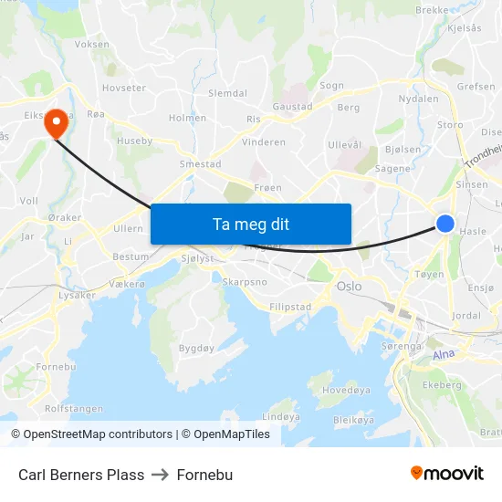 Carl Berners Plass to Fornebu map