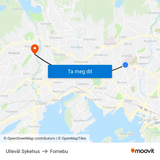 Ullevål Sykehus to Fornebu map