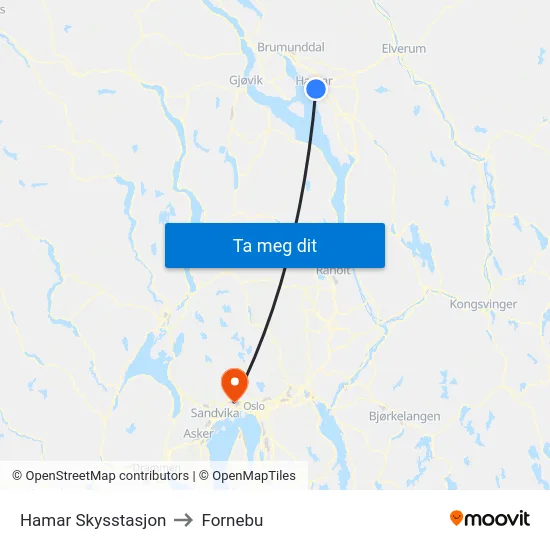 Hamar Skysstasjon to Fornebu map