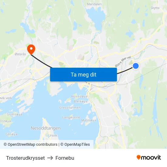 Trosterudkrysset to Fornebu map