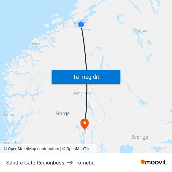 Søndre Gate Regionbuss to Fornebu map