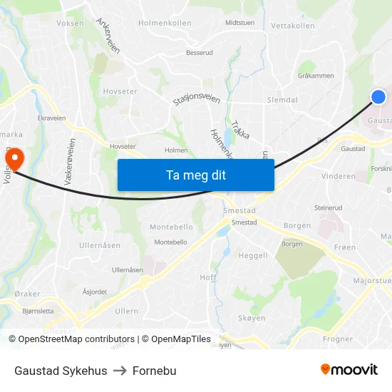 Gaustad Sykehus to Fornebu map