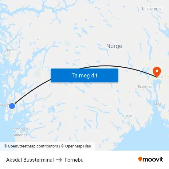Aksdal Bussterminal to Fornebu map