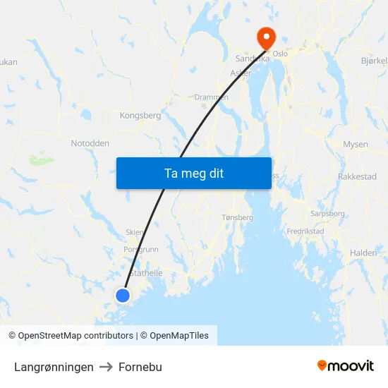Langrønningen to Fornebu map