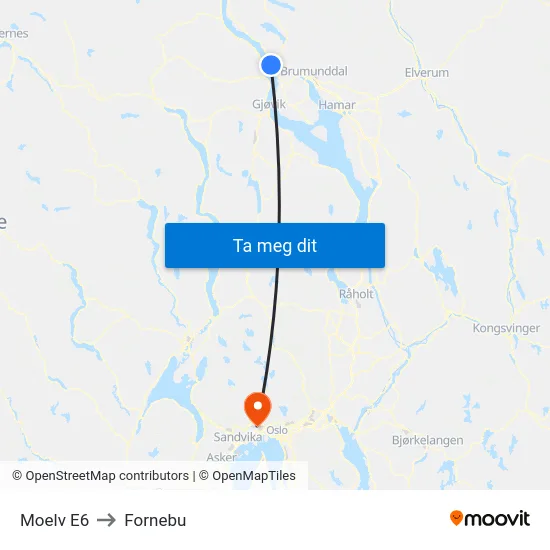 Moelv E6 to Fornebu map