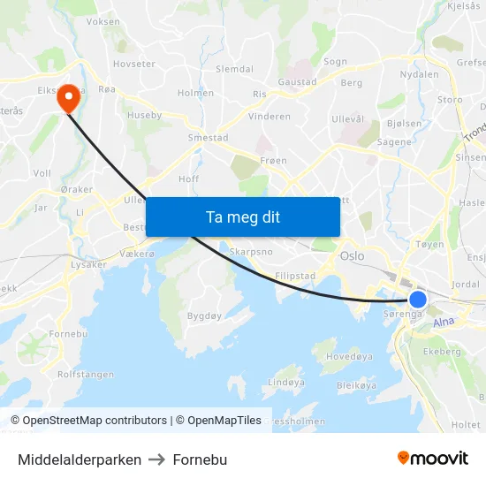 Middelalderparken to Fornebu map