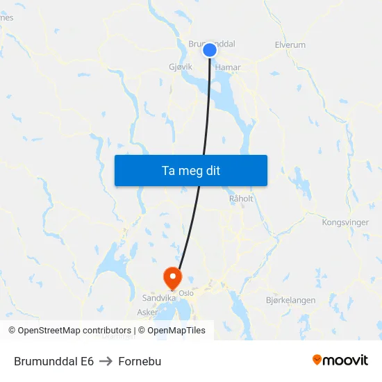 Brumunddal E6 to Fornebu map