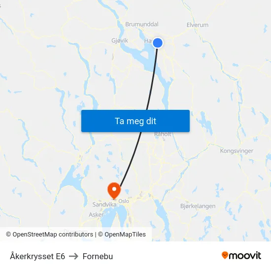 Åkerkrysset E6 to Fornebu map