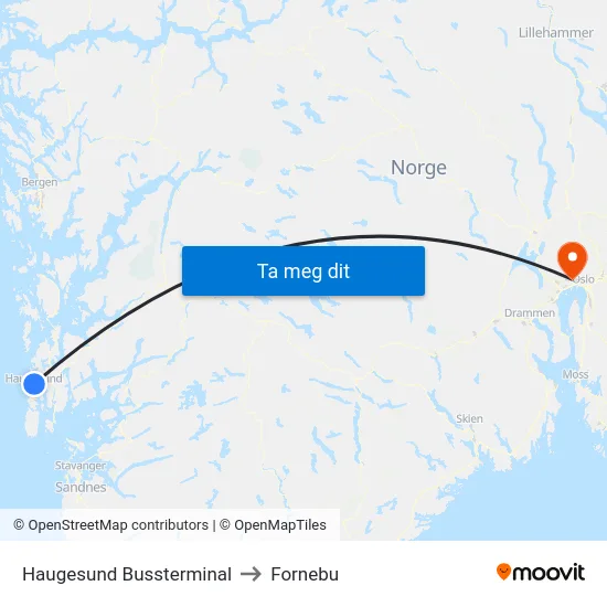 Haugesund Bussterminal to Fornebu map
