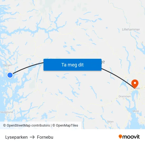 Lyseparken to Fornebu map