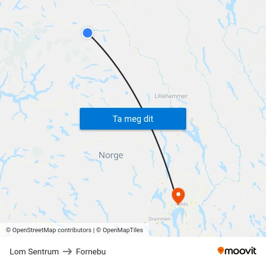 Lom Sentrum to Fornebu map