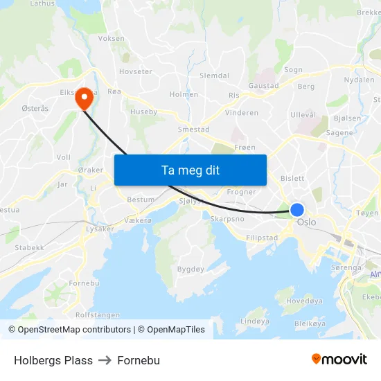 Holbergs Plass to Fornebu map