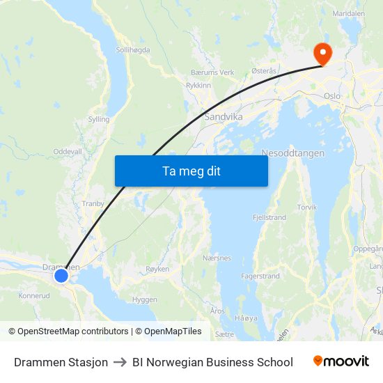 Drammen Stasjon to BI Norwegian Business School map