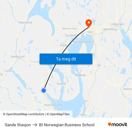 Sande Stasjon to BI Norwegian Business School map