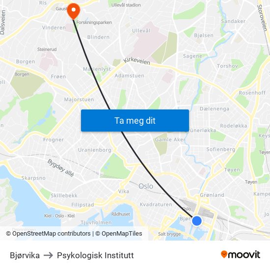 Bjørvika to Psykologisk Institutt map