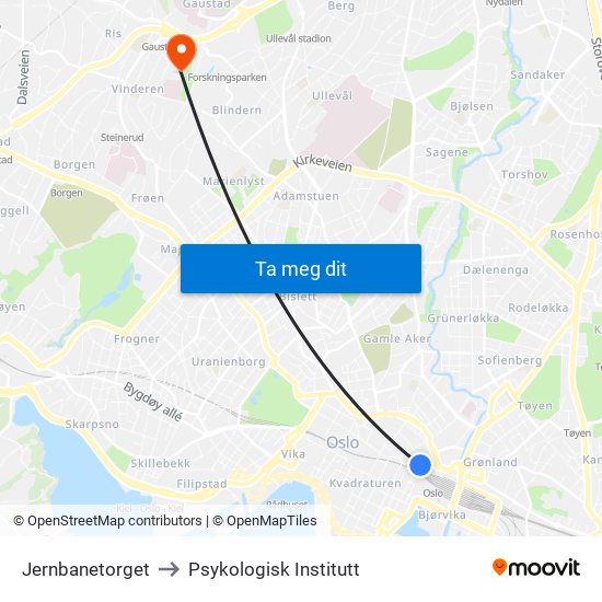 Jernbanetorget to Psykologisk Institutt map