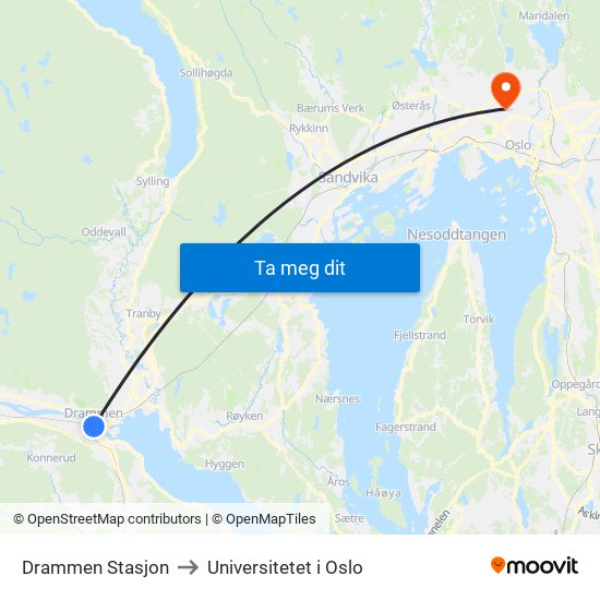 Drammen Stasjon to Universitetet i Oslo map