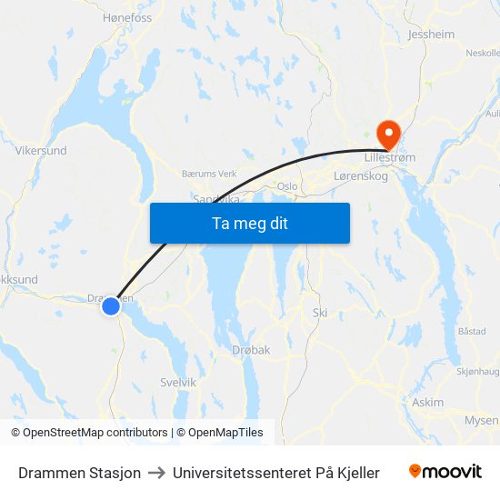 Drammen Stasjon to Universitetssenteret På Kjeller map