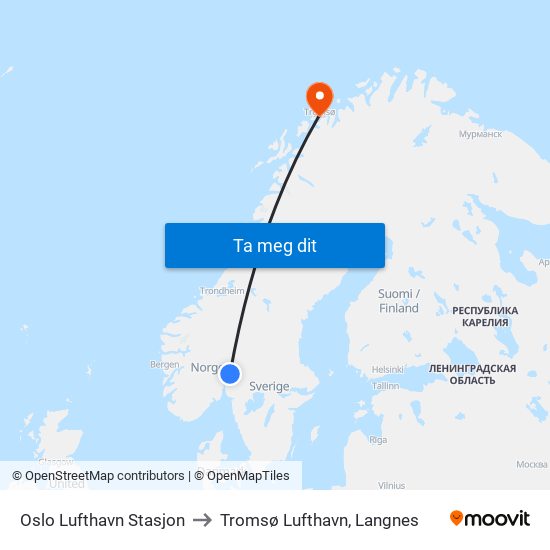 Oslo Lufthavn Stasjon to Tromsø Lufthavn, Langnes map
