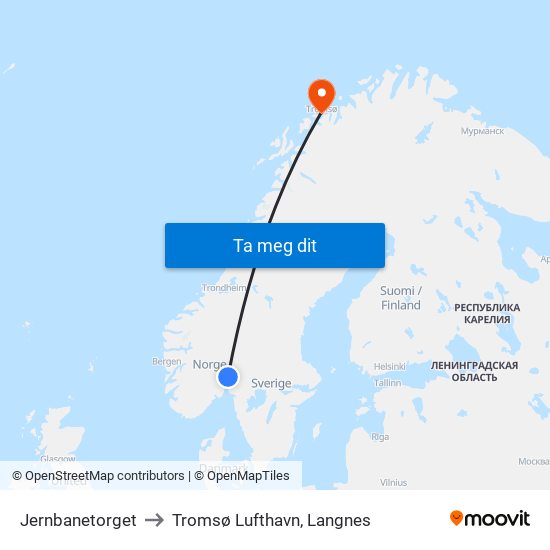 Jernbanetorget to Tromsø Lufthavn, Langnes map