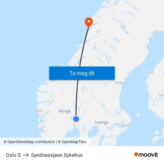 Oslo S to Sandnessjøen Sykehus map