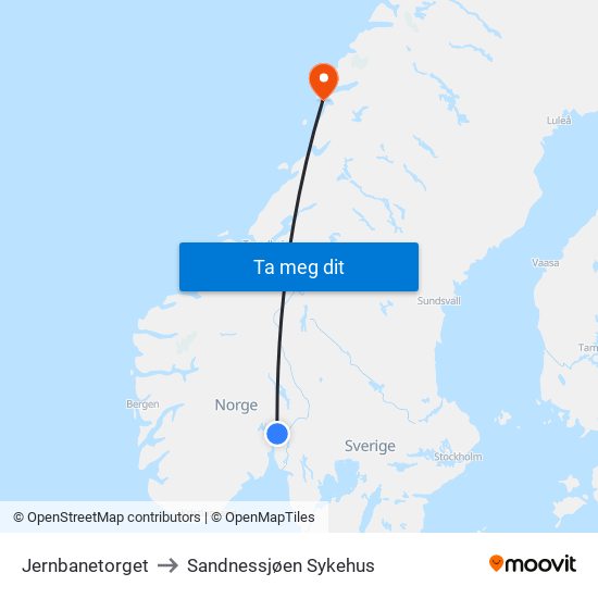 Jernbanetorget to Sandnessjøen Sykehus map