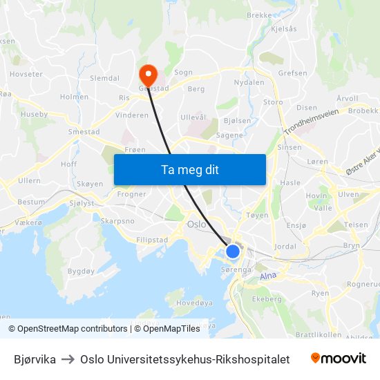 Bjørvika to Oslo Universitetssykehus-Rikshospitalet map