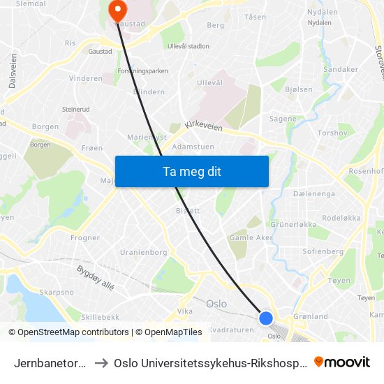 Jernbanetorget to Oslo Universitetssykehus-Rikshospitalet map