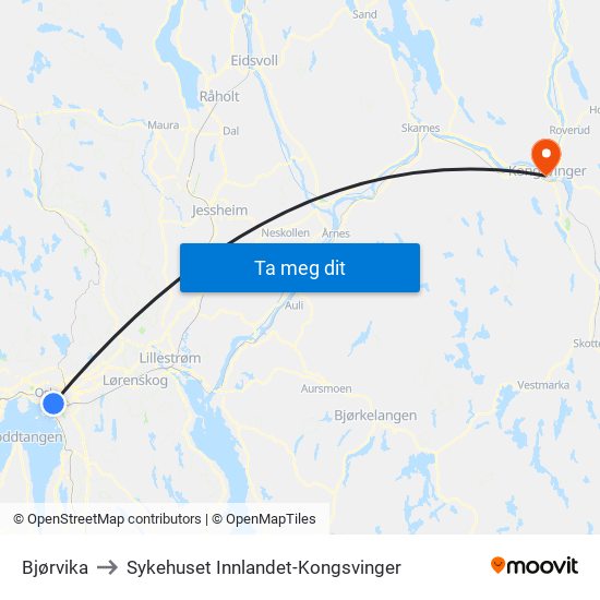 Bjørvika to Sykehuset Innlandet-Kongsvinger map