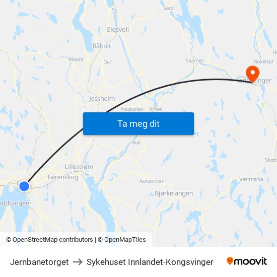 Jernbanetorget to Sykehuset Innlandet-Kongsvinger map