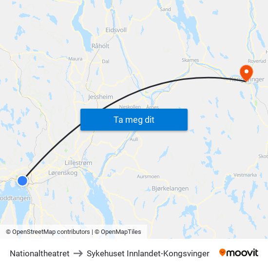 Nationaltheatret to Sykehuset Innlandet-Kongsvinger map