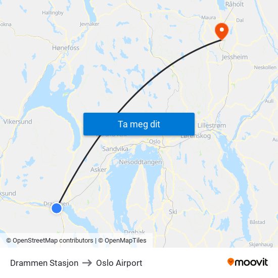 Drammen Stasjon to Oslo Airport map